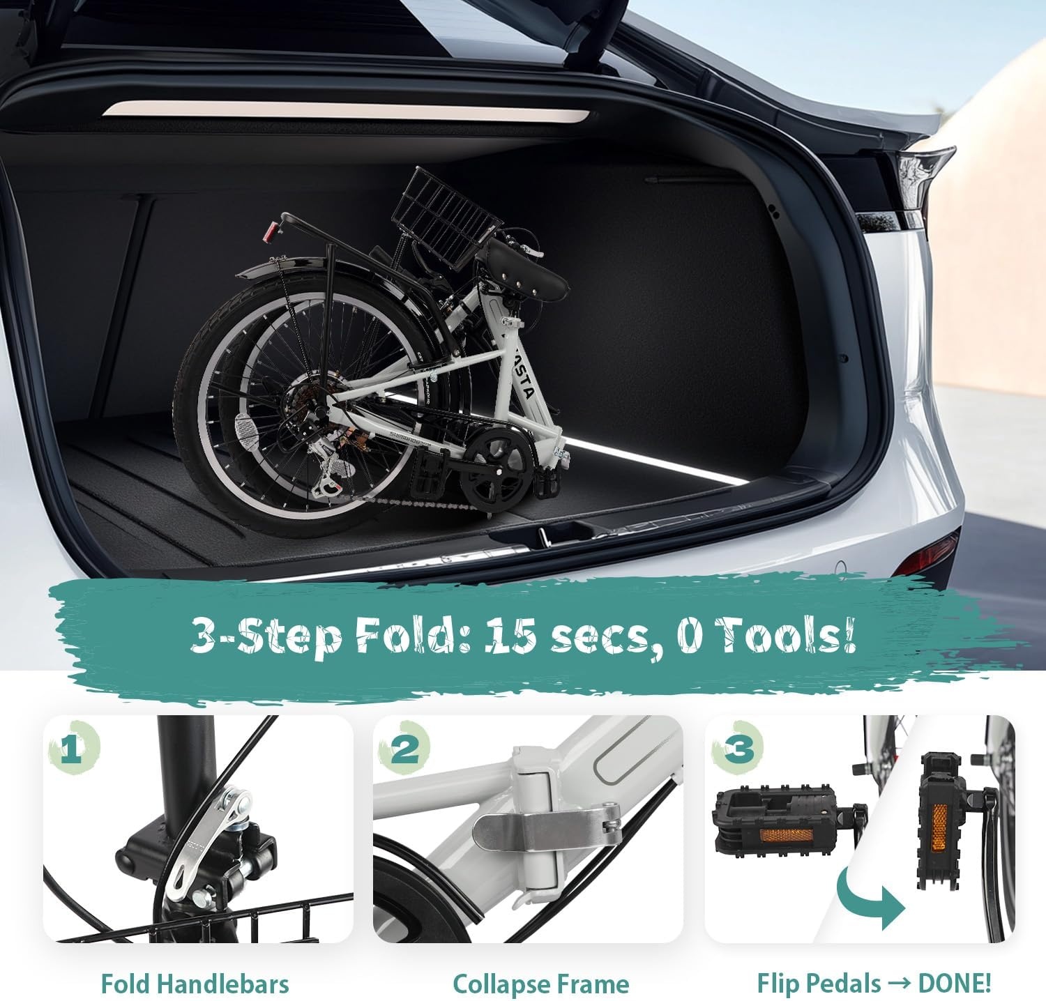 image:imageQuartet Folding Bike 2024 Inch 7Speed Dual Brakes Folds in seconds Features 7speed shifting dual brakes basket and rear rack for everyday city ridingGray
