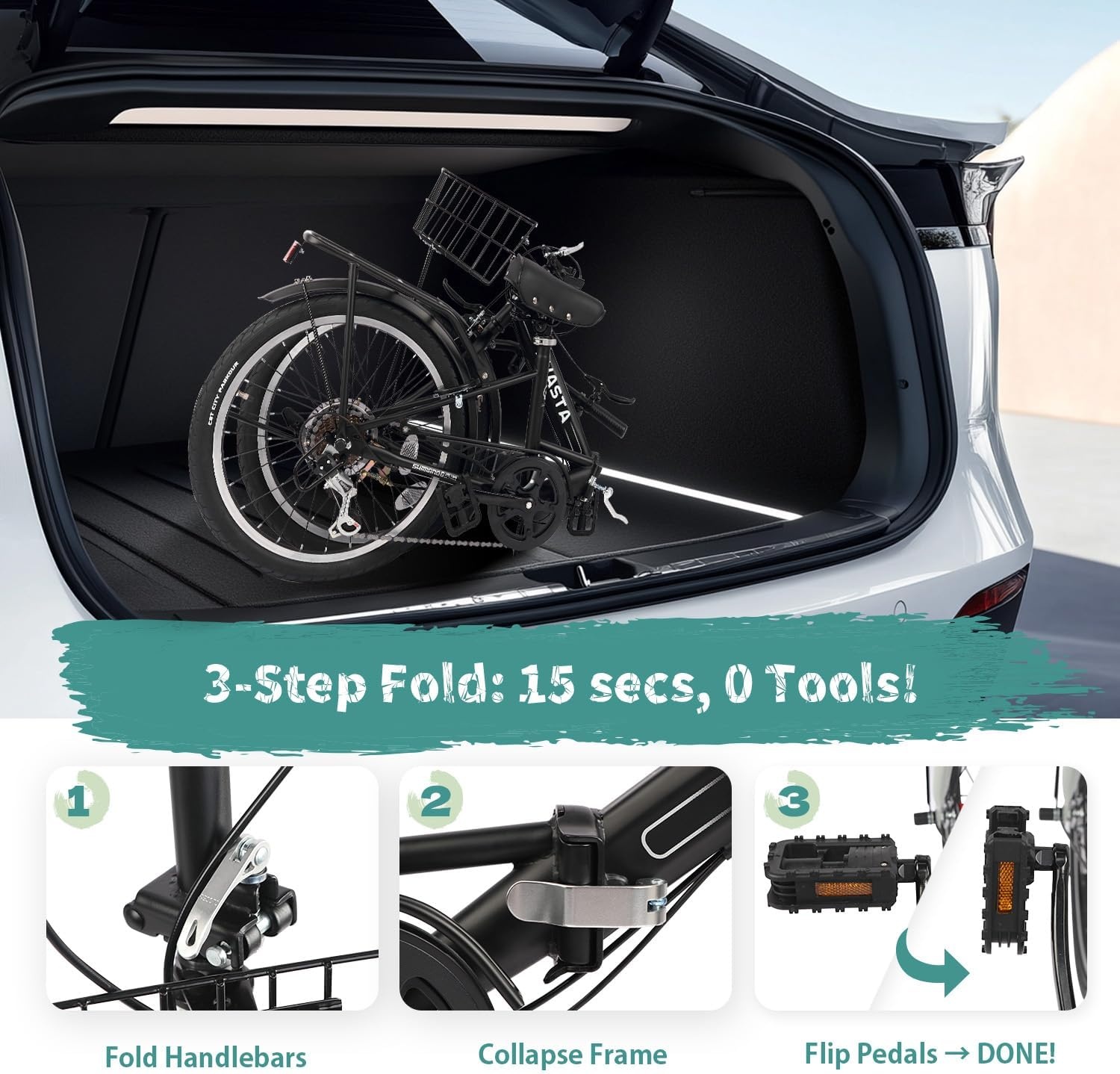 image:imageQuartet Folding Bike 2024 Inch 7Speed Dual Brakes Folds in seconds Features 7speed shifting dual brakes basket and rear rack for everyday city ridingBlack
