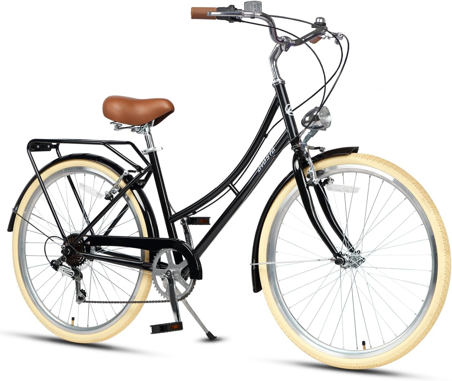 image:imageAVASTA Vela 26 Inch High Tensile Steel Frame Women Female Hybrid BikeBlack Frame with Beige Tires