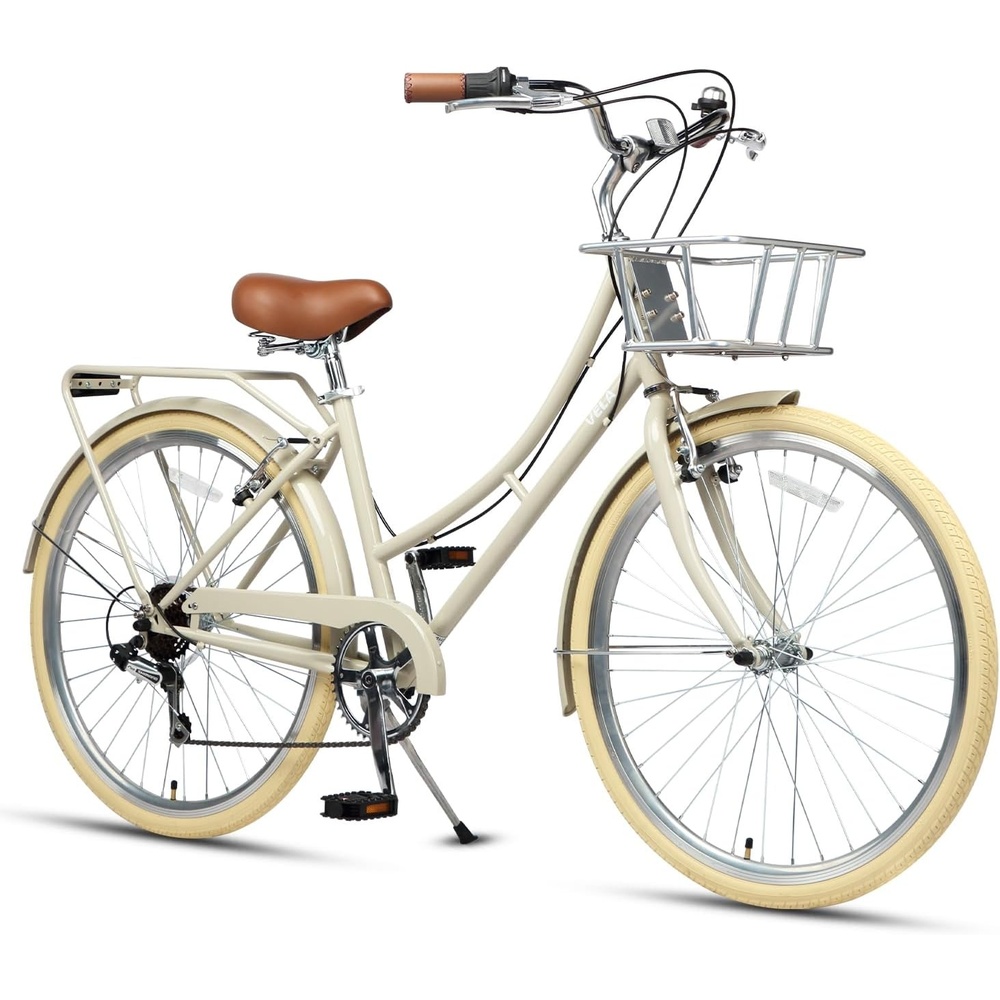 image:imageAVASTA Vela 26 Inch High Tensile Steel Frame Women Female Hybrid BikeBeige Frame with Beige Tires